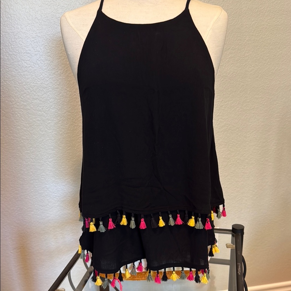 Blue Rain Black Camisole with Colorful Tassels